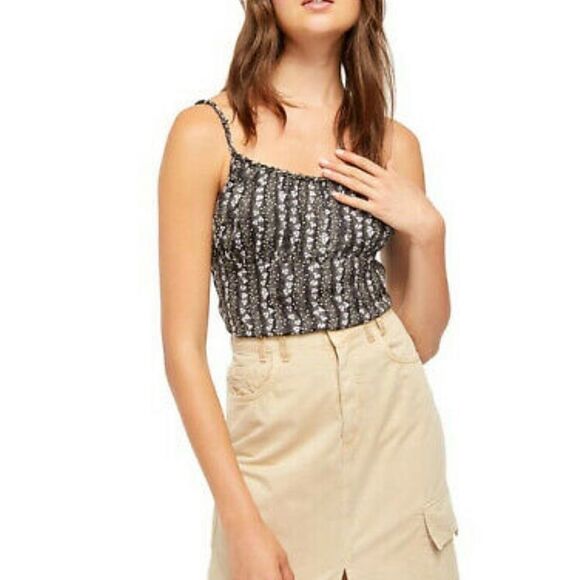 FREE PEOPLE Donna Printed Spaghetti Straps Black Cami Top.Size M - Picture 1 of 14